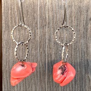 Natural Coral & Silver Tone Handmade Earrings